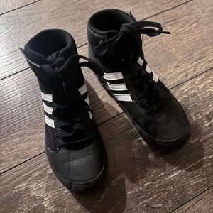 Adidas Kids Black High-Top Wrestling Shoes with White Stripes